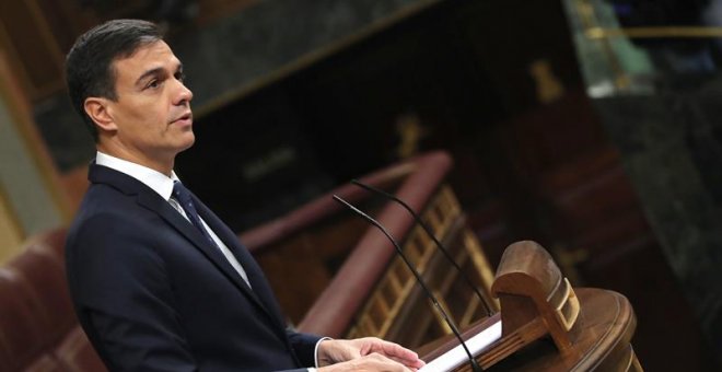 El presidente del Gobierno, Pedro Sánchez, durante su intervención ante el pleno del Congreso de los Diputados, celebrado este miércoles. EFE/Zipi