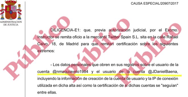 Fragmento del auto del Supremo de apertura del juicio oral de la causa contra el procés en el que se detalla la diligencia pendiente sobre la identidad secreta del teniente coronel Baena en Twitter.