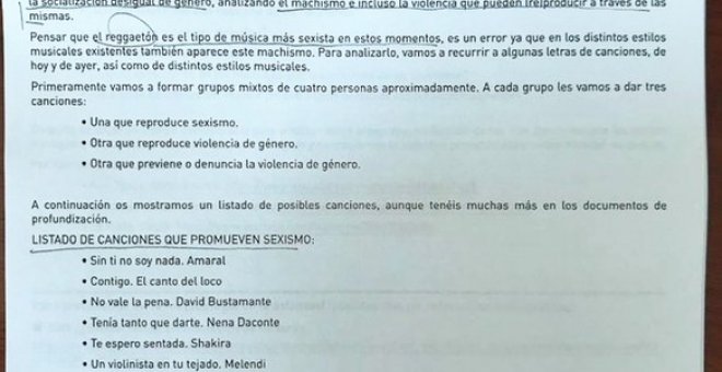 Documento que recoge las canciones que el gobierno navarro considera machistas. Twitter