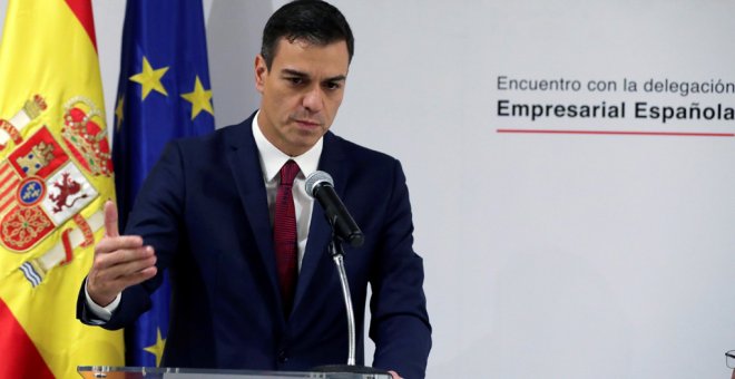 El presidente del Gobierno Pedro Sánchez, durante su intervención en una reunión con empresarios españoles que tienen intereses en Cuba. EFE/JuanJo Martin