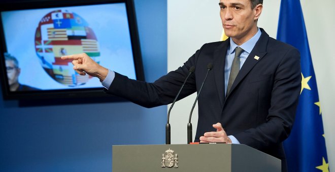 El presidente del Gobierno español, Pedro Sánchez, durante su comparecencia ante los periodistas tras la reunión del Consejo Europeo que avaló el acuerdo entre la Unión Europea y el Reino Unido para hacer efectivo el brexit.- Horst Wagner/EFE