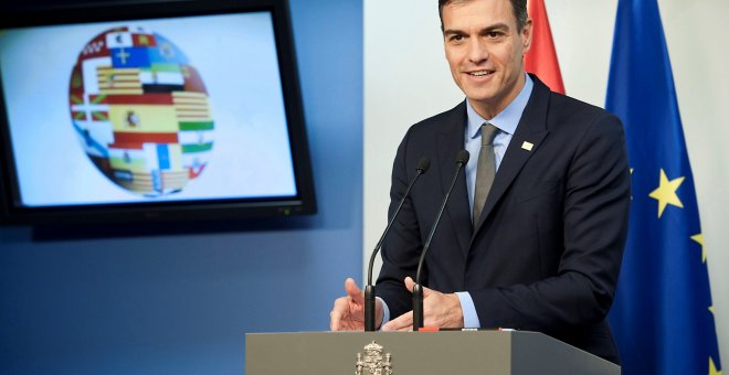 El presidente del Gobierno español, Pedro Sánchez, durante su comparecencia ante los periodistas tras la reunión del Consejo Europeo que avaló el acuerdo entre la Unión Europea y el Reino Unido para hacer efectivo el brexit. EFE/ Horst Wagner