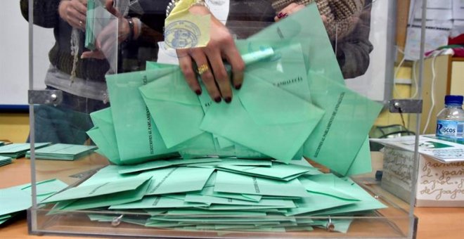 02/12/2018.- Recogen papeletas de una de las urnas del colegio electoral de Ciavieja, en el municipio almeriense de El Ejido, tras su cierre a las 20.00 horas. La votación en las elecciones regionales de Andalucía ha concluido, aunque el recuento se demor