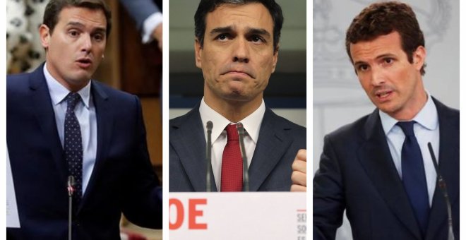 De izquierda a derecha: Albert Rivera, Pedro Sánchez y Pablo Casado. EFE