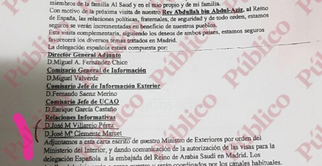 Sorprende que en la invitación del príncipe saudí el comisario José Manuel Villarejo y el procesado en ese momento por la Audiencia Nacional, José María Clemente Marcet, tengan el mismo cargo: relaciones informativas.