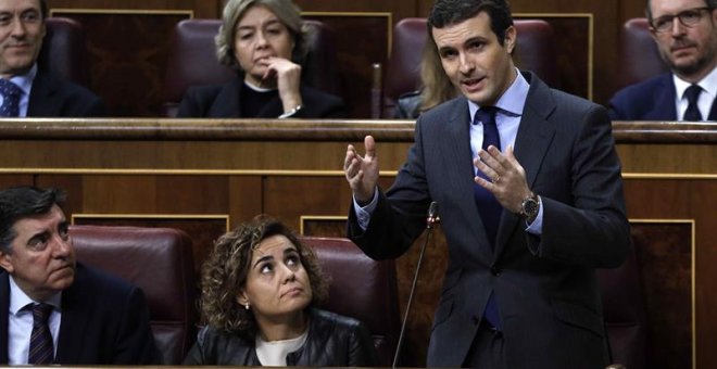 El líder del PP, Pablo Casado, durante su intervención en la última sesión de control al Ejecutivo del año. - EFE