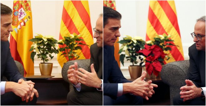 Pedro Sánchez y Quim Torra, durante su reunión, con más o menos flores.