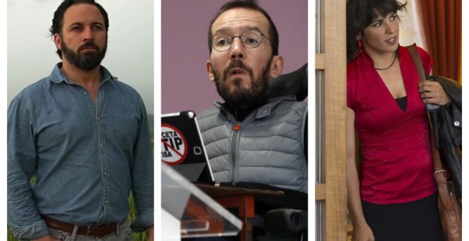 El líder de Vox, Santiago Abascal (izquierda); el secretario de organización de Podemos, Pablo Echenique, y la secretaria general de Podemos en Andalucía, Teresa RodrÍguez.- EFE