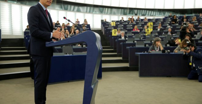 El presidente del Gobierno, Pedro Sánchez, durante su intervención en el Parlamento Europeo, en Estrasburgo. REUTERS/Vincent Kessler