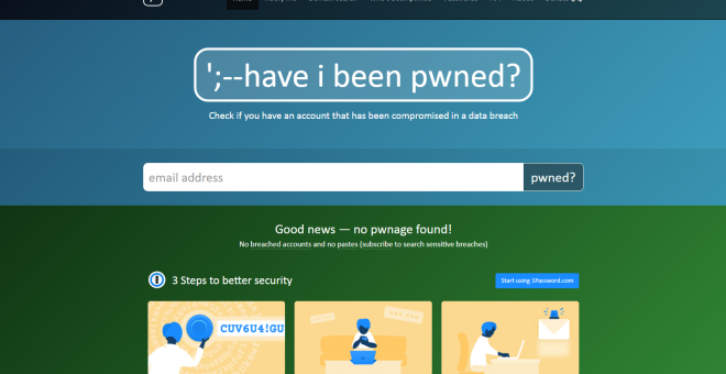 Página web que notifica sobre si el 'email' o contraseña del usuario ha sido 'hackeado'
