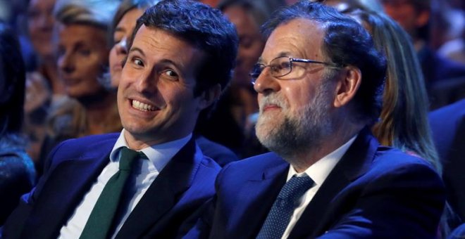 El presidente del PP Pablo Casado (i), junto al expresidente del Gobierno Mariano Rajoy (d), esta tarde durante la inauguración de la convención del Partido Popular que se celebrará hasta el próximo Domingo en el Recinto Ferial IFEMA de Madrid. EFE/ J.J.