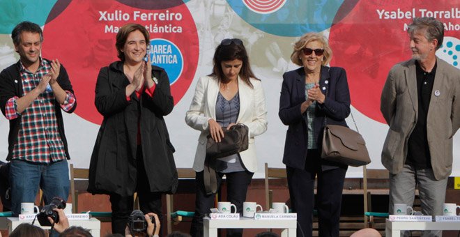 Xulio Ferreiro (A Coruña), Ada Colau (Barcelona), Manuela Carmena (Madrid) y Pedro Santisteve (Zaragoza). / S.G. REY