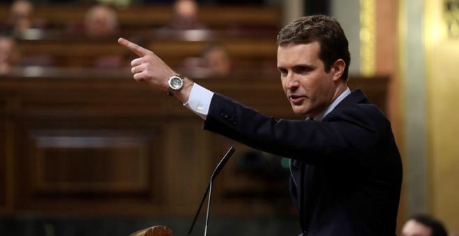 El presidente del PP, Pablo Casado, interveniene en el debate de totalidad de los presupuestos este martes en el pleno del Congreso. EFE/Kiko Huesca