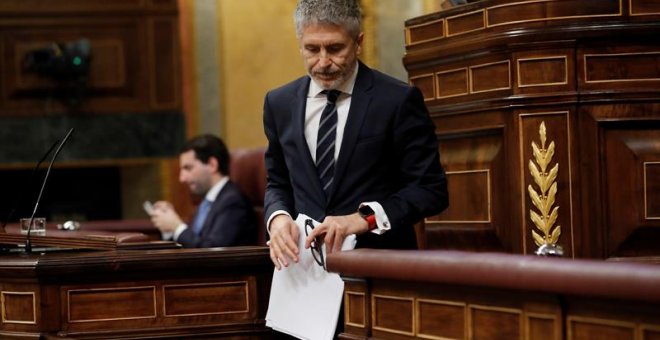 21/02/2019.- El ministro del Interior, Fernando Grande-Marlaska, tras su intervención en el pleno del Congreso, que debate este jueves la Ley de Propiedad Intelectual, en su último trámite parlamentario que incorpora las enmiendas del Senado. EFE/Zipi