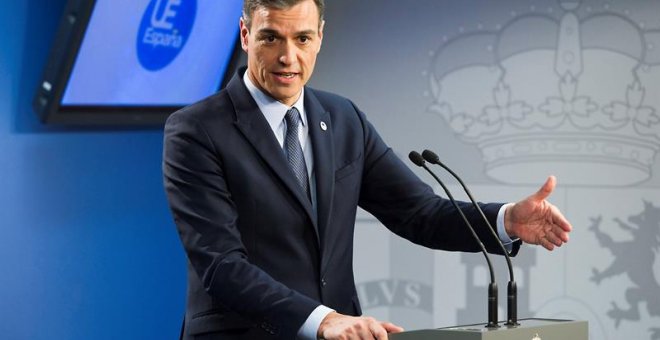 El presidente del Gobierno español, Pedro Sánchez, durante la rueda de prensa ofrecida hoy en Bélgica./EFE