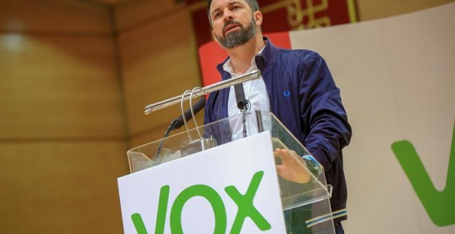 El presidente nacional de Vox, Santiago Abascal, participa en el acto preelectoral celebrado hoy en Ciudad Real. EFE/ Mariano Cieza