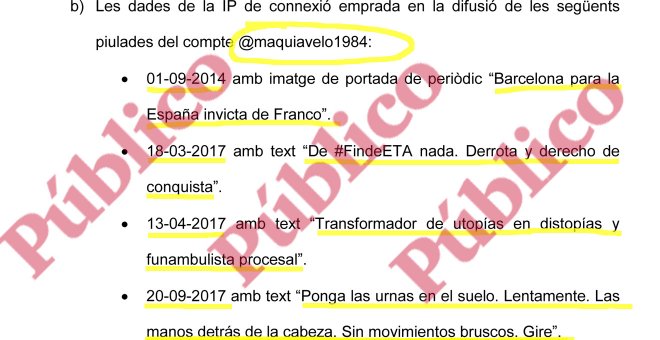 Extracto del escrito de la defensa de ERC con algunos de los tuits que solicita que el Juzgado verifique, correspondientes a la cuenta 'Tácito' del coronel Daniel Baena.