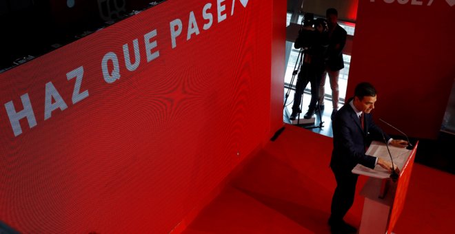 El presidente del Gobierno y secretario general del PSOE, Pedro Sánchez , durante su intervención en la presentación de la campaña electoral de los socialistas. EFE/Ballesteros