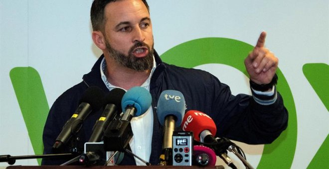 El presidente de Vox, Santiago Abascal, participa en un acto de precampaña esta tarde en Cuenca. EFE/ José del Olmo