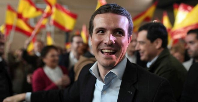 El presidente del PP, Pablo Casado, durante un acto con los candidatos del partido al Congreso y Senado por Córdoba celebrado el domingo en la ciudad andaluza. EFE/ Rafa Alcaid