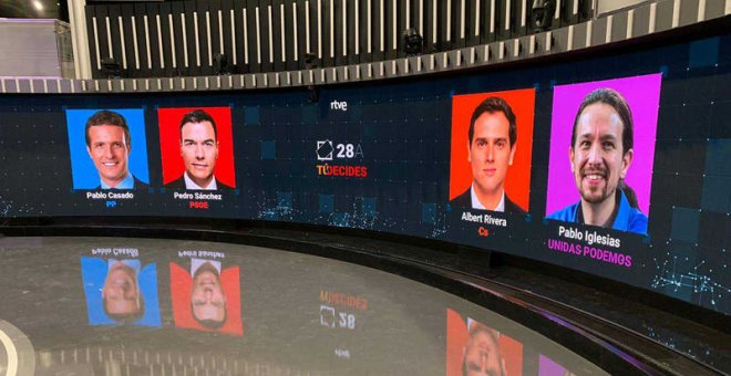 Sánchez, Casado, Rivera e Iglesias se verán las caras por primera vez en la campaña en la televisión pública.