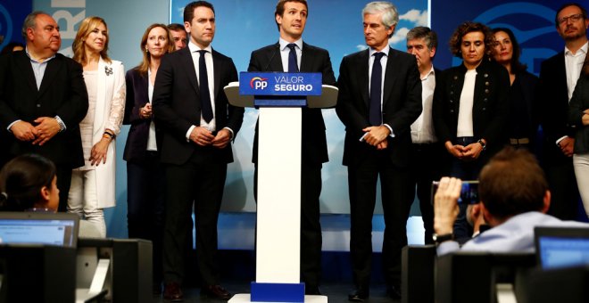 El presidente del PP, Pablo Casado, con sus equipo, valora los resultados de las elecciones del 28-A, en la sede del partido en la madrileña calle de Génova. REUTERS/Juan Medina