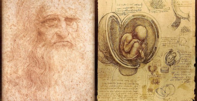 Autorretrato de Leonardo da Vinci dibujado entre 1512 y 1515 (izquierda) y dibujos sobre el embrión humano, realizados entre 1510 y 1513 (derecha).