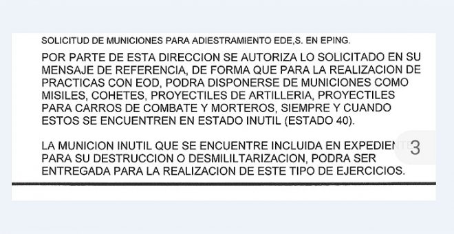 Extracto del mensaje del DIRSAR en el que se da permiso explícito para el uso de munición "inútil" en las prácticas de desactivación de explosivos del Ejército de Tierra. | PÚBLICO