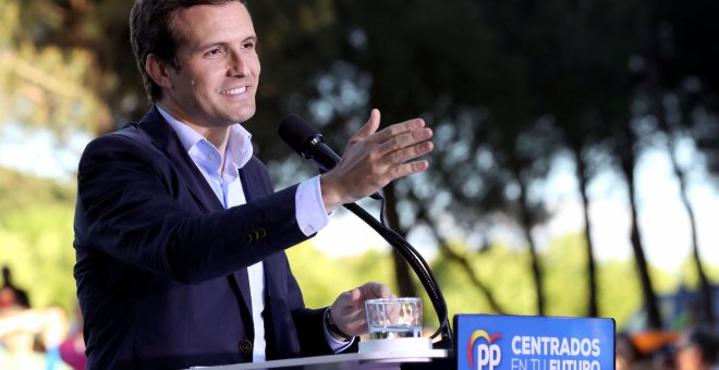 24/05/2019.- El líder del PP, Pablo Casado, interviene este viernes en el acto de cierre de campaña celebrado en Puente del Rey (Madrid). EFE/ J.J Guillén