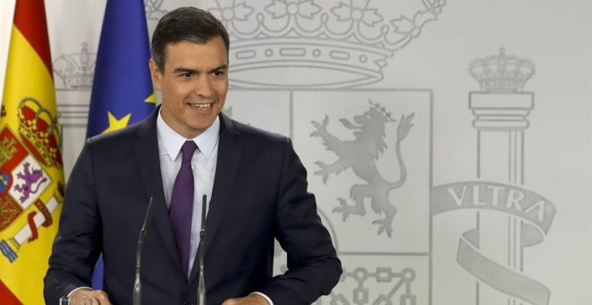 06/06/2019. Pedro Sánchez durante la rueda de prensa que ha protagonizado esta jueves en el Palacio de la Moncloa, tras la reunión que ha mantenido con el rey Felipe de cara a la investidura. EFE/Ballesteros