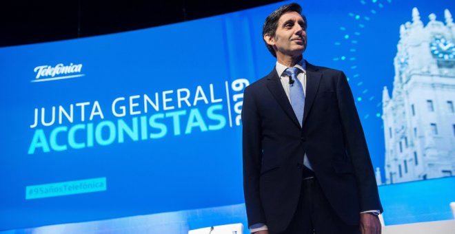 José María Álvarez-Pallete, presidente ejecutivo de Telefónica, durante la Junta de Accionistas de la operadora. EFE/Fernando Villar