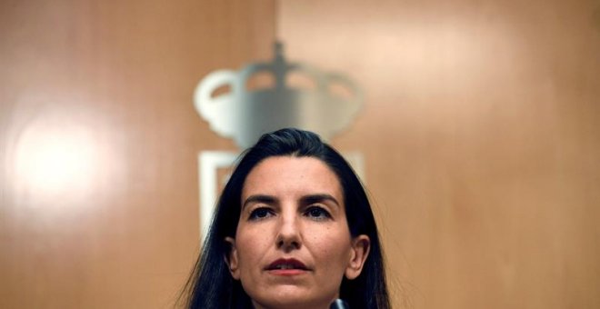 08/07/2019.- La candidata de Vox a la Presidencia de la Comunidad de Madrid, Rocío Monasterio, durante la rueda de prensa que ofrece esta tarde en la Asamblea. Monasterio, ha condicionado su apoyo a la investidura de Isabel Díaz Ayuso (PP) como presidenta