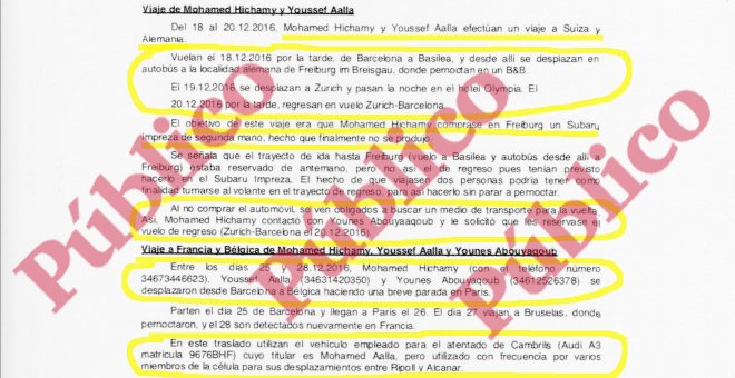 Informe reservado del servicio secreto sobre los viajes en Europa, a finales de 2016, de los autores de los atentados de Barcelona y Cambrils.