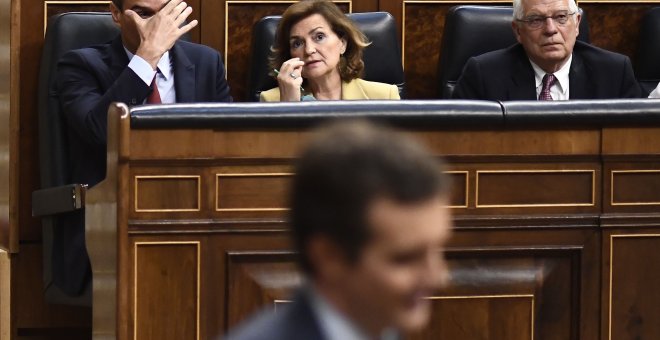 Pedro Sánchez durante el debate de Pablo Casado. AFP/Óscar del Pozo