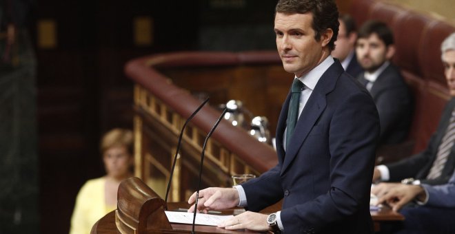 El presidente del Partido Popular, Pablo Casado, durante su intervención en el Congreso el pasado jueves. / EP