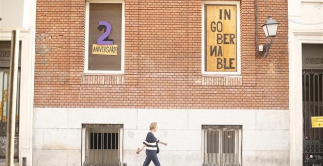 Imagen del edificio ubicado en la calle Gobernación con paseo del Prado okupado por La Ingobernable en Madrid. Vacío desde el año 2012, el edificio acogió dependencias de la Universidad Nacional de Educación a Distancia (UNED) y un centro de salud para Re