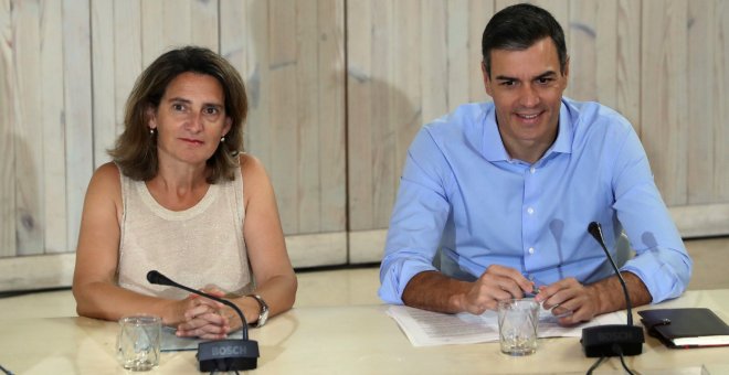 El presidente del Gobierno en funciones, Pedro Sánchez, y la ministra de Transición Ecológica en funciones, Teresa Ribera, durante su reunión con organizaciones ecologistas. EFE/ J.J. Guillén