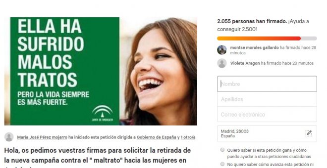 Captura de pantalla de la recogida de firmas contra la campaña de violencia de género de la Junta de Andalucía, en Change.org