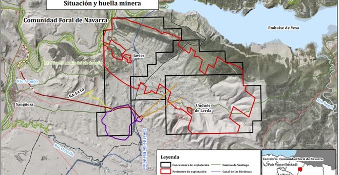 El mapa de localización incluido en la declaración de impacto muestra la cercanía de las galerías de la mina al pantano de Yesa | Ministerio de Transición Ecológica