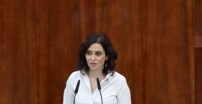 Isabel Díaz Ayuso durante el tramo final de su intervención en el debate de investidura donde ha sido elegida presidenta de la Comunidad de Madrid con los votos de PP, Cs y Vox. EFE/ Kiko Huesca