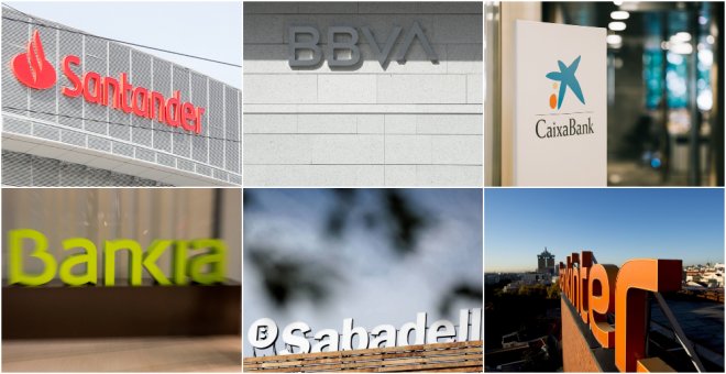 Logos de los seis grandes bancos del Ibex 35: Banco Santander, BBVA, Caixabank, Bankia, Banco Sabadell, y Bankinter. REUTERS/EFE