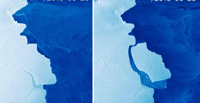 El gran iceberg de más de 1.600 kilómetros cuadrados y que contiene 315 gigatoneladas de hielo que se ha separado de la plataforma de hielo Amery de la Antártida Oriental.