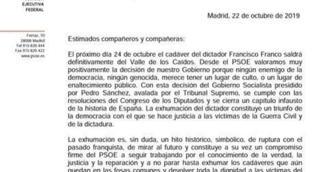 Carta de la Ejecutiva del PSOE por la exhumación del dictador Francisco Franco.