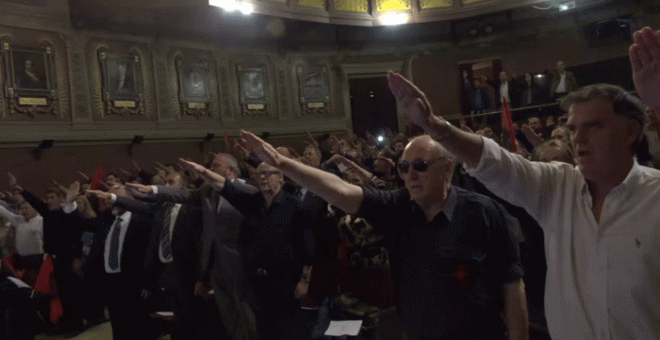 Un momento en el acto de conmemoración de la fundación de Falange el pasado sábado en el Ateneo de Madrid.- YOUTUBE