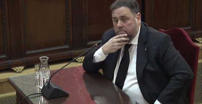 Declaración de Oriol Junqueras durante el juicio del procés en la Sala de Plenos del Tribunal Supremo, el 14 de febrero de 2019.  SEÑAL DE TELEVISIÓN DEL TRIBUNAL SUPREMO