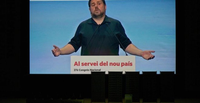 Oriol Junqueras, en el vídeo hecho desde la prisión de Lledorners, exhibido durante el Congreso de su partido. EUROPA PRESS