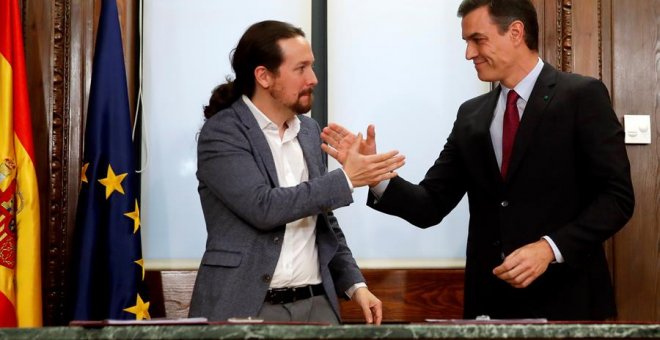 Pedro Sánchez y Pablo Iglesias en la presentación del documento para el Gobierno de Coalición. | EFE