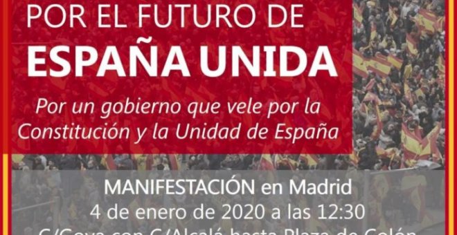 Cartel de la convocatoria 'Por una España Unida' que se celebrará este sábado 4 de enero en Madrid.