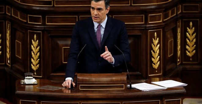 El presidente del Gobierno en funciones, Pedro Sánchez, hoy sábado en el Congreso de los Diputados durante su intervención