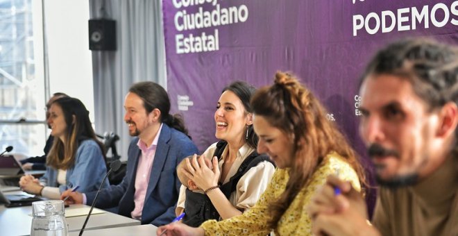 Ione Belarra, Pablo Iglesias, Irene Montero, Noelia Vera y Alberto Rodríguez en el Consejo Ciudadano Estatal de Podemos./ Daniel Gago - Podemos